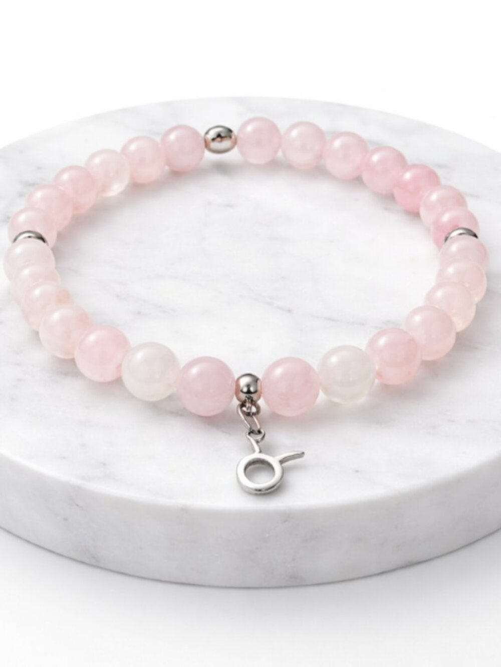 Taurus Rose Quartz White Jade Bracelet Silver Zodiac Charm Beaded Jewelry